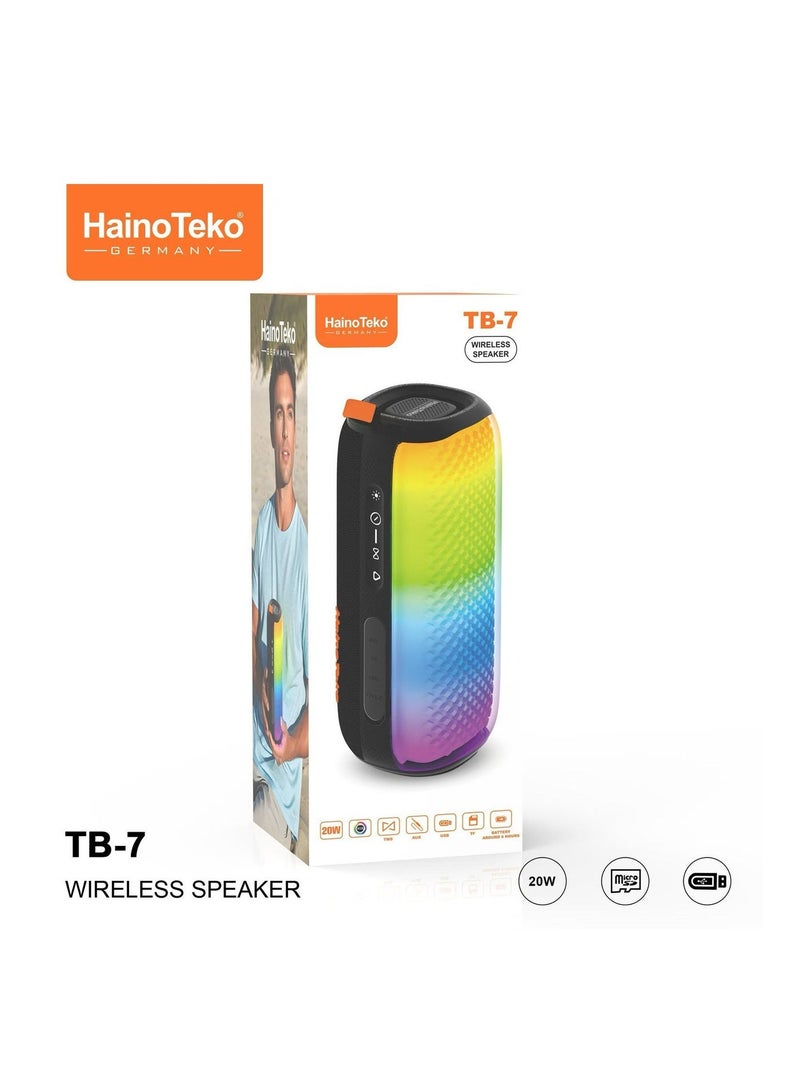 Haino Teko مكبر صوت بلوتوث محمول لاسلكي TB-7 بقوة 50 واط، أضواء RGB للحفلات، دعم ميكروفون مزدوج، تحكم زر متعدد الوظائف – نظام صوتي مدمج عالي الأداء باللون الأسود - Image 2